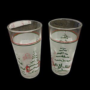 Frosted Winter Scene  Set of 2 KIG Vintage Christmas Trees Tumbler Glasses